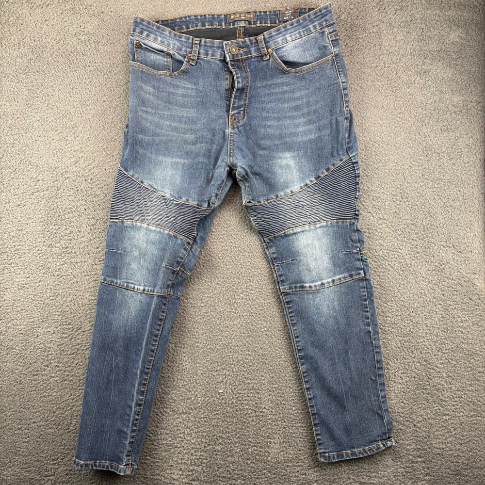 Ring Of Fire Mens Slim Fit Moto Biker Jeans Blue‎ Acid Wash 38x30 Ribbed Knee